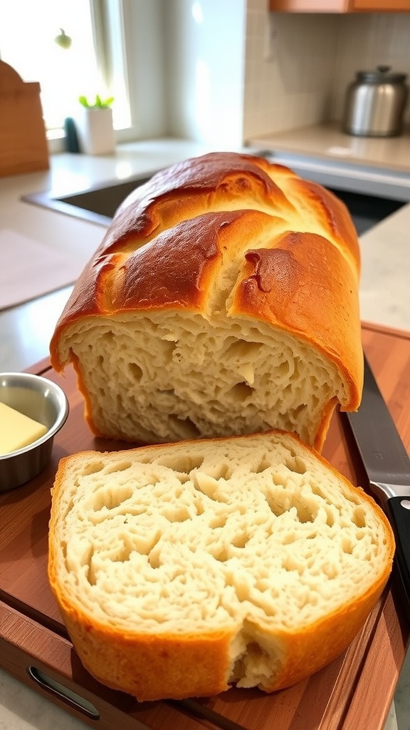 A golden brown loaf of homemade bread on a wooden cutting board, with a slice cut showing its fluffy interior, accompanied by butter.